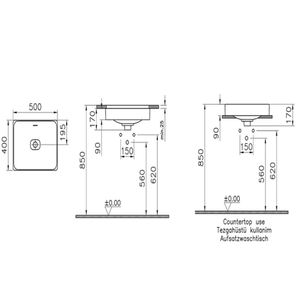 VitrA Metropole Mat Siyah Dikdörtgen Tezgah Altı Lavabo 50 cm